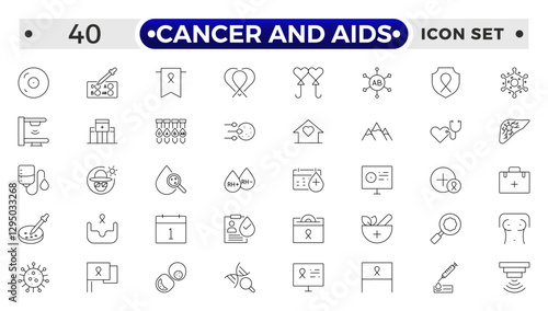 Cancer and AIDS icon set. Containing tumor, oncology, chemotherapy, biopsy, radiotherapy, ribbon, breast cancer, remission and more.