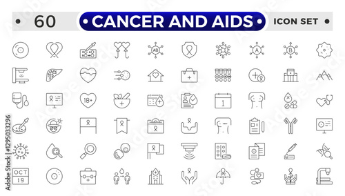 Cancer and AIDS icon set. Containing tumor, oncology, chemotherapy, biopsy, radiotherapy, ribbon, breast cancer, remission and more.