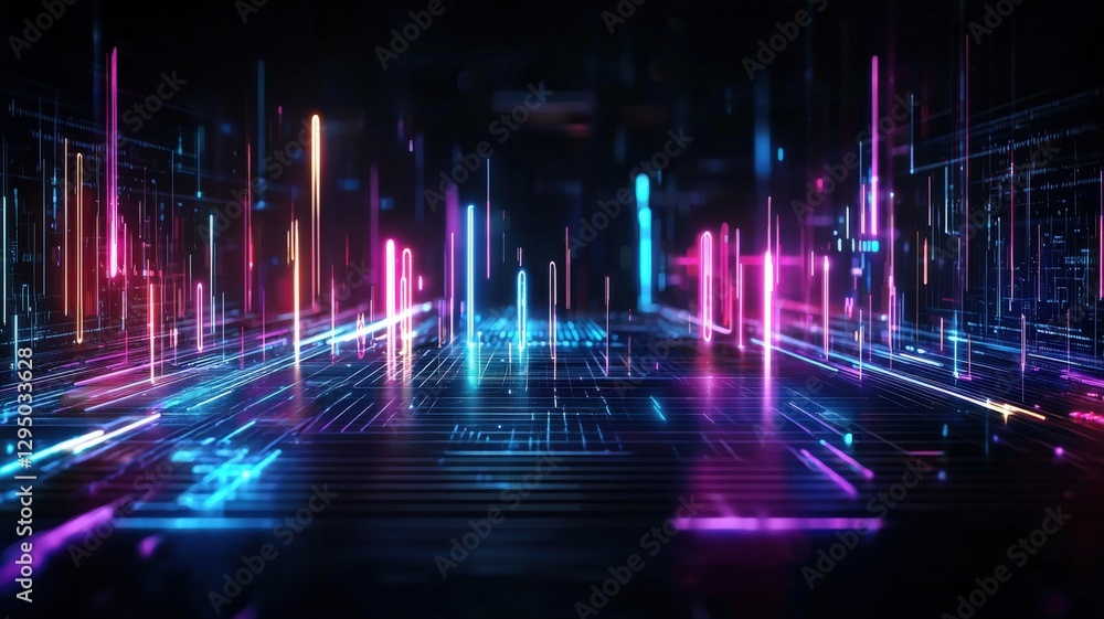 Neural symphony, futuristic visualization of AI composing music, abstract sound waves glowing in neon hues, sci-fi cyberpunk aesthetic Neural symphony, futuristic visualization of AI composing music, abstract sound waves glowing in neon hues, sci-fi cyberpunk aesthetic