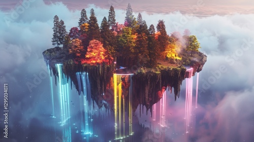 Floating Island with Colorful Waterfalls