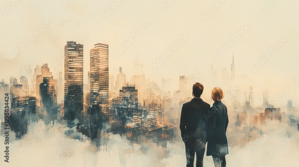 Romantic Couple Overlooking Dreamy Urban Cityscape at Dusk Romantic Couple Overlooking Dreamy Urban Cityscape at Dusk