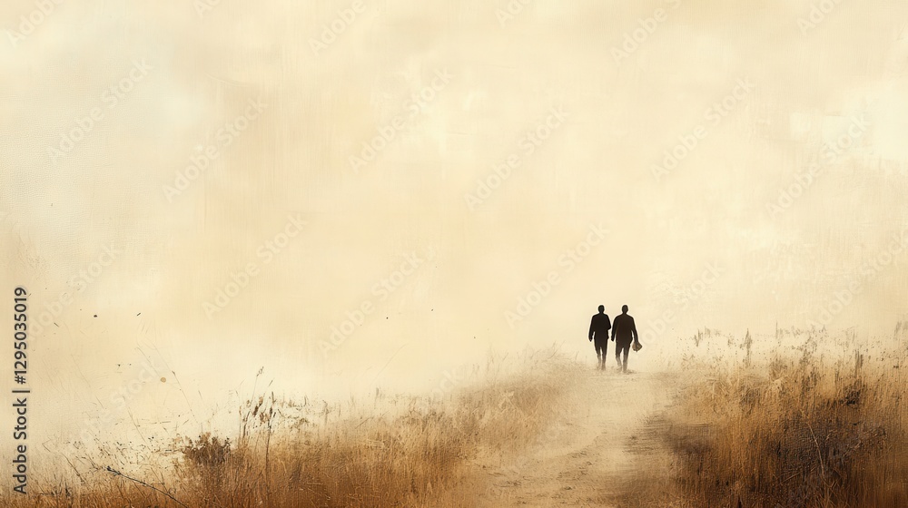 Fototapeta premium Two People Walking Together on a Foggy Path in Nature