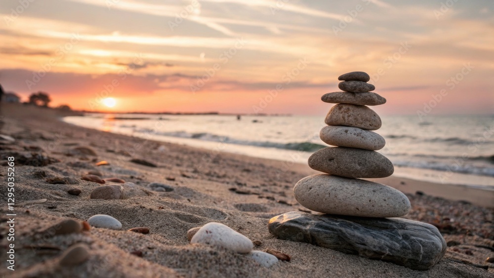 Fototapeta premium Meditation inspirational text. Serene image of stacked pebbles symbolizing calmness and mindfulness, perfect for meditation and inspirational texts. Peace Calm Quotes.