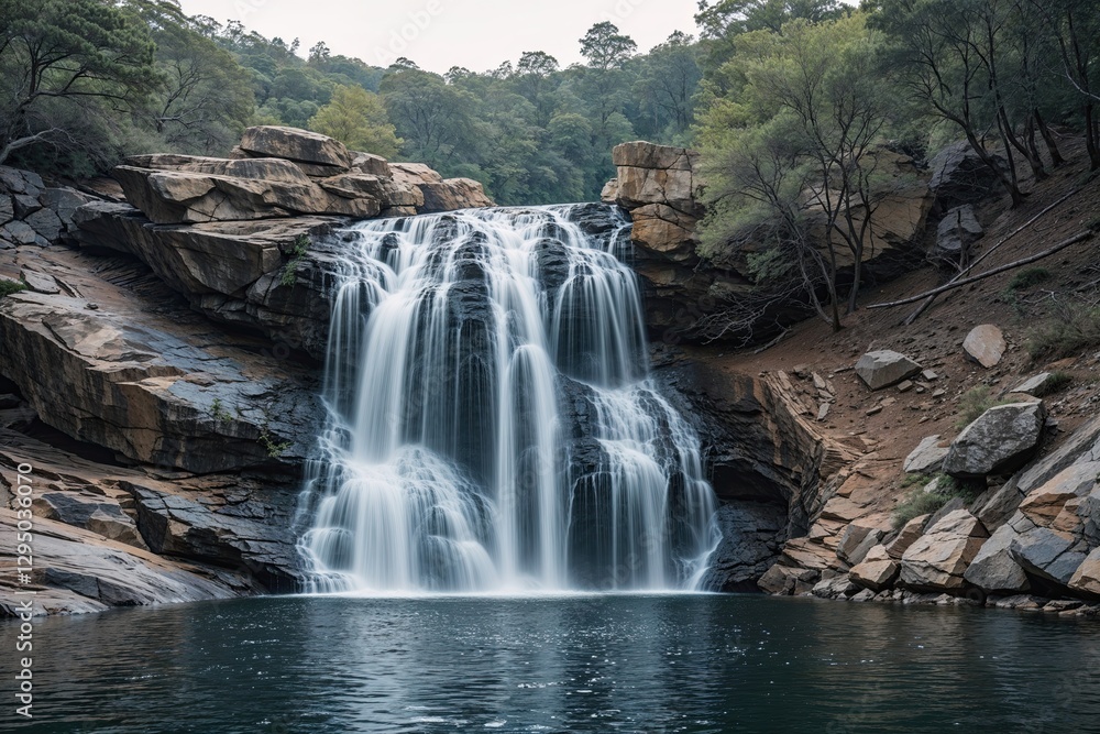 Fototapeta premium Tranquil Waterfall Flowing Over Rocky Hills in Peaceful Nature Landscape