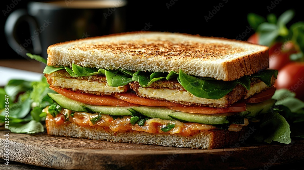 Delicious layered sandwich with fresh vegetables and toasted bread on a wooden board Delicious layered sandwich with fresh vegetables and toasted bread on a wooden board