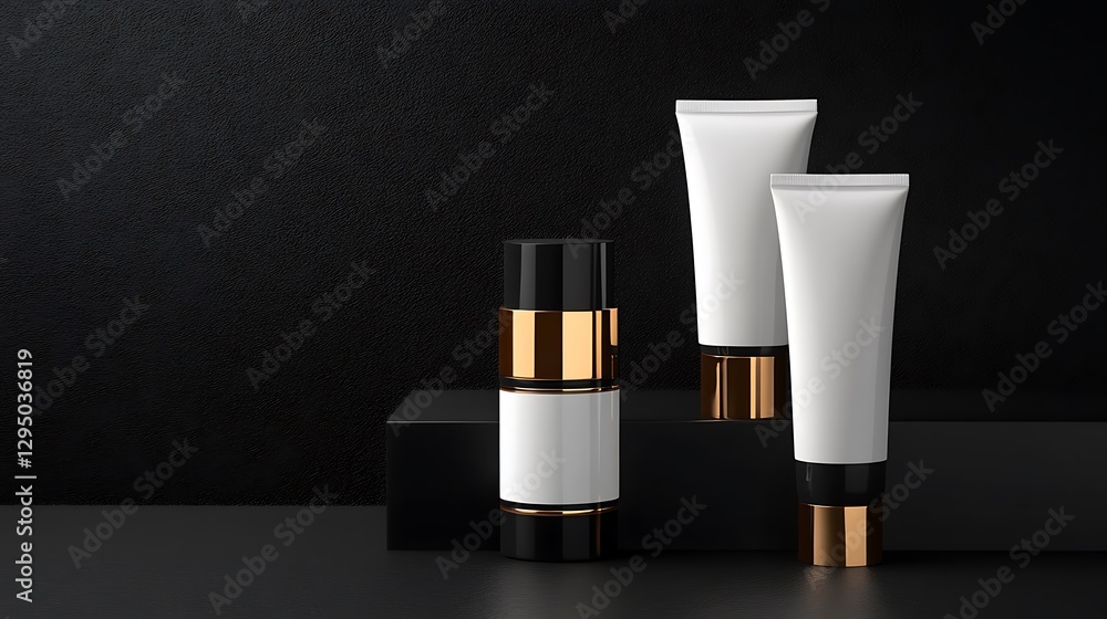 Elegant Cosmetics Product Display: Luxury Skincare Set on Black Background Elegant Cosmetics Product Display: Luxury Skincare Set on Black Background