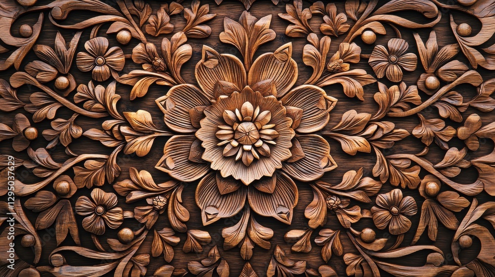 Intricate Floral Wood Carving with Detailed Artistic Design Intricate Floral Wood Carving with Detailed Artistic Design