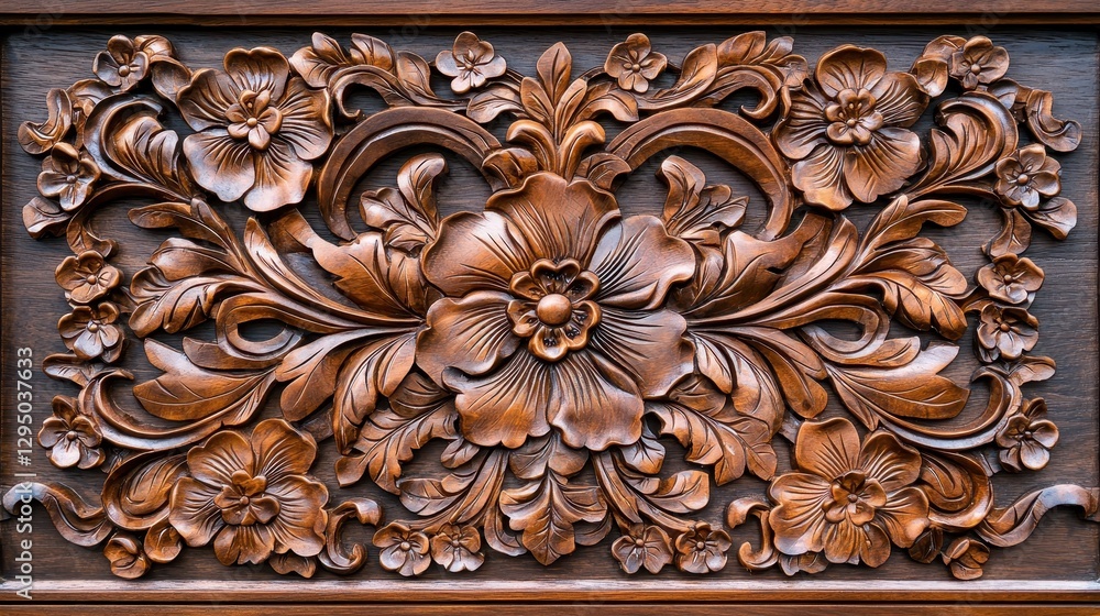 Intricate Wooden Carving with Floral Design and Artistic Detailing Intricate Wooden Carving with Floral Design and Artistic Detailing