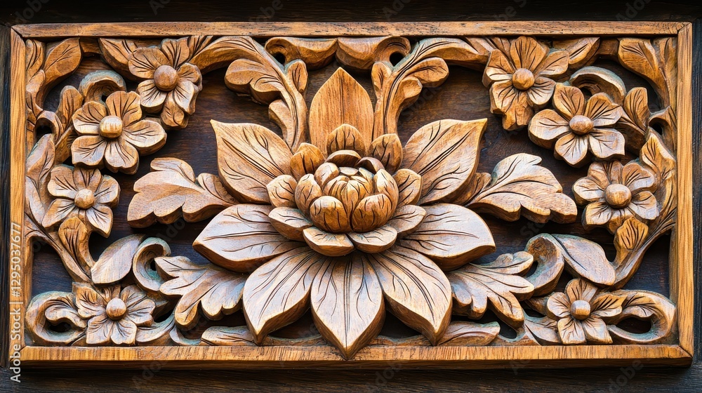 Intricate Floral Carving on Wooden Surface with Artistic Details Intricate Floral Carving on Wooden Surface with Artistic Details