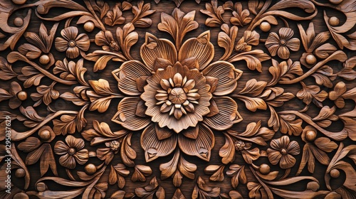 Intricate Floral Wood Carving with Detailed Artistic Design