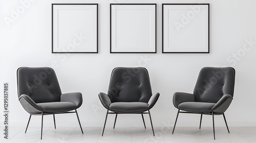 Three Gray Textured Armchairs with Black Metal Legs in Modern Interior