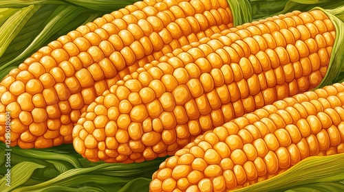 Close-up of ripe corn cobs with vibrant yellow kernels surrounded by green husks in a field