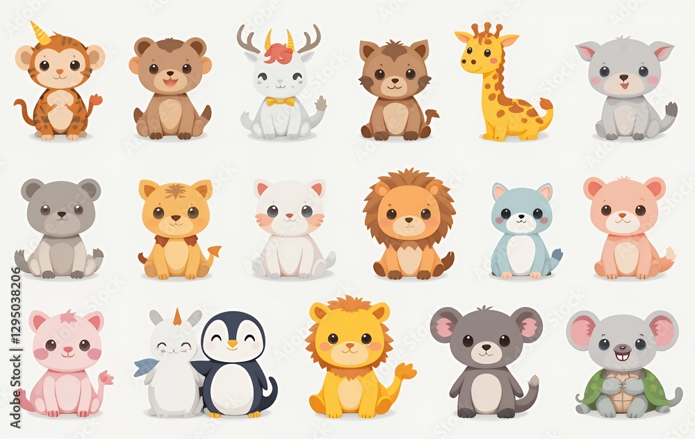 Cute Cartoon Animal Collection Illustration featuring Monkey, Lion, Bear and More Cute Cartoon Animal Collection Illustration featuring Monkey, Lion, Bear and More
