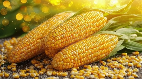 Freshly harvested corn cobs arranged artistically with scattered kernels and a glowing background