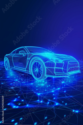 A glowing blue wireframe model of a sports car in a futuristic digital setting with neon lights and high-tech elements. Concept of innovation, technology, and modern vehicle design.
