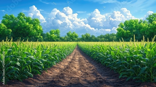 Lush Cornfield Under a Bright Sky with Fluffy Clouds and Vibrant Green Trees in Background