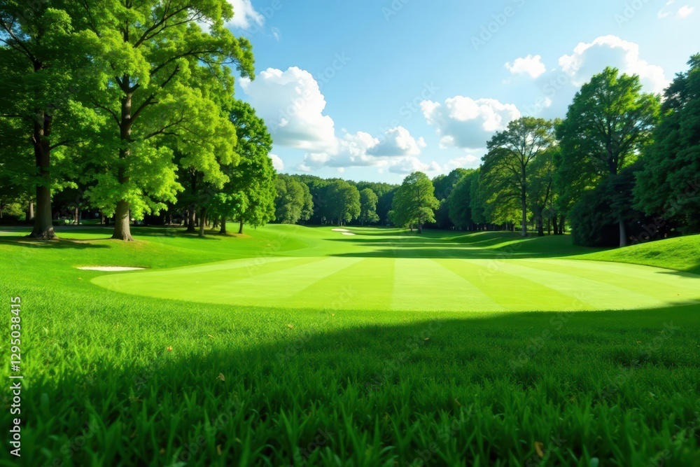 Naklejka premium Deep green, short-cropped golf course grass; shadows add depth , smooth, rich