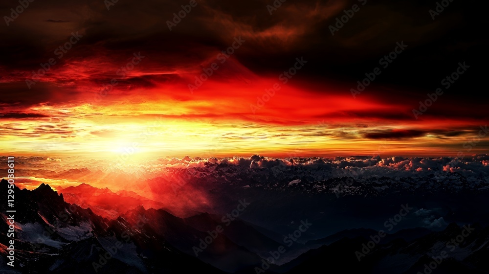 Naklejka premium Fiery Sunset Over Snowy Mountain Range and Cityscape