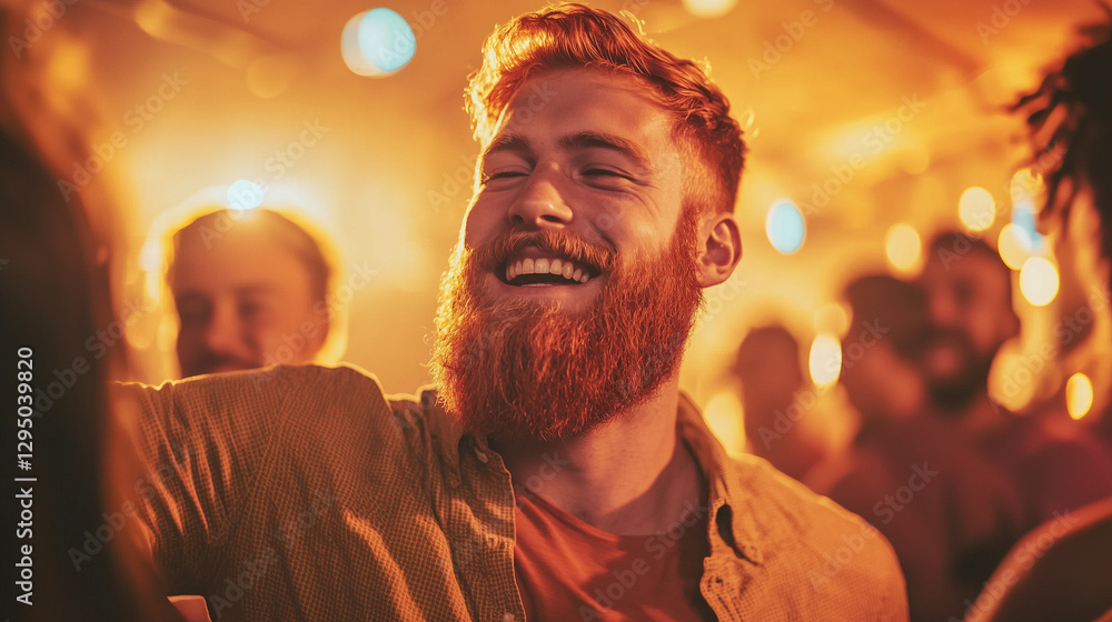 smiling man at vibrant party with warm lighting smiling man at vibrant party with warm lighting