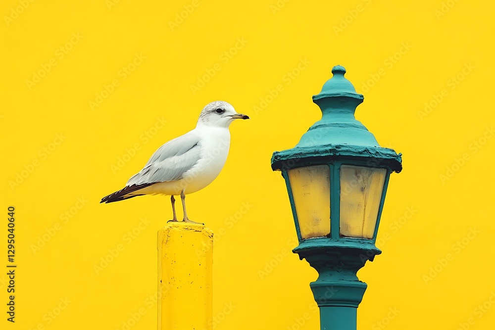 Yellow wall, seagull, teal lamp, urban scene Yellow wall, seagull, teal lamp, urban scene