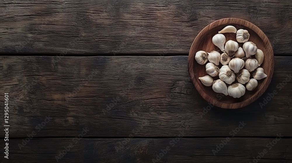 Rustic Wooden Bowl of Garlic Cloves on Dark Wooden Background Rustic Wooden Bowl of Garlic Cloves on Dark Wooden Background