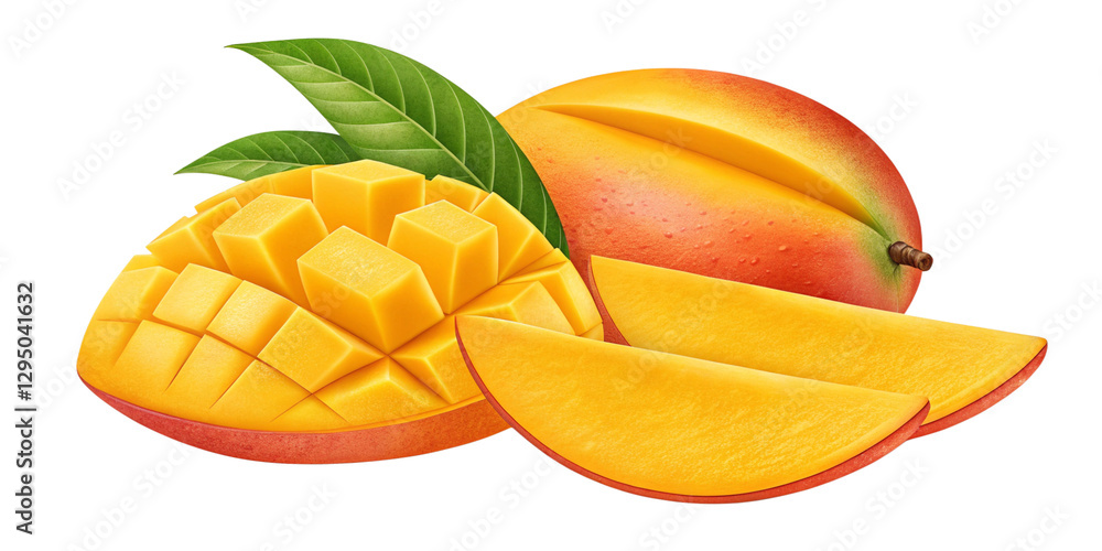 Fototapeta premium Juicy Ripe Mango Slices – Fresh Tropical Fruit Cut Out on Transparent Background Delicious Mango Pieces – High-Quality Generative AI Cut Out for Creative Designs