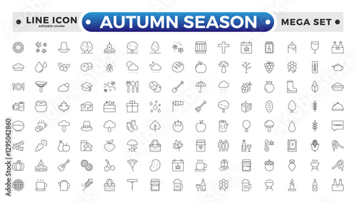 Autumn season outline Icons set. Collection of fall related objects, plants and animals, holidays, celebrations. Editable stroke outline icon.
