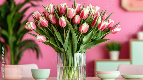 Spring Theme, vibrant spring dining table featuring bouquet of pink tulips photo