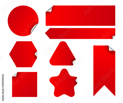 Set of red paper stickers on white background