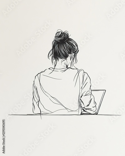 Woman with Bun Working on Laptop From Behind