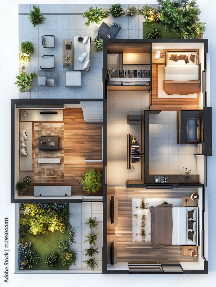 A realistic 3D floor plan of a modern house A realistic 3D floor plan of a modern house