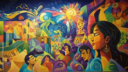 Vibrant mural depicting diverse human expressions and nature's beauty in an urban setting