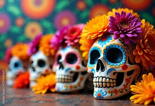 Embrace Día de los Muertos traditions: This macro shot features sugar skulls and marigold flowers set against a festive Mexican background, offering ample white space for text, ideal for honoring ance