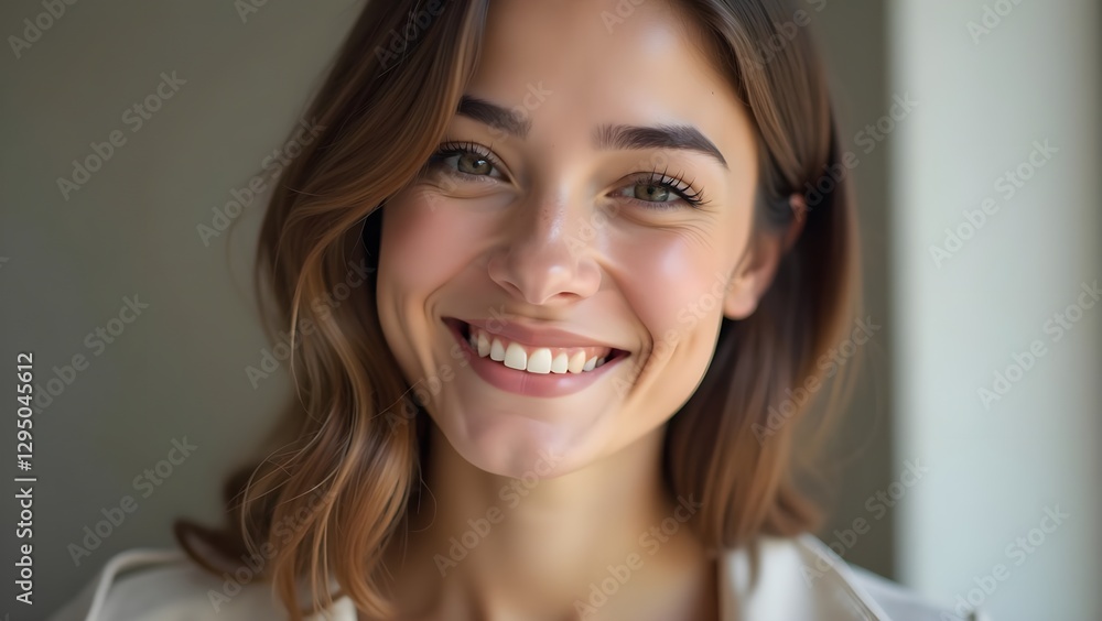 High-Resolution Portrait of Woman with Perfect Smile Against Neutral Background High-Resolution Portrait of Woman with Perfect Smile Against Neutral Background