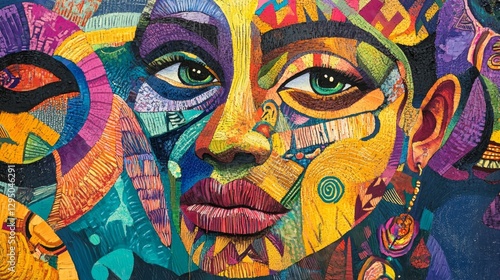 Vibrant mural featuring a colorful face with intricate patterns and expressive eyes in an urban setting