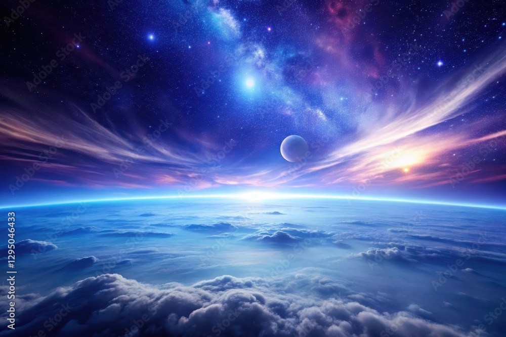 Serene Celestial Vista A Dreamlike Planet's Horizon Bathed in the Glow of a Rising Sun and Distant Stars Serene Celestial Vista A Dreamlike Planet's Horizon Bathed in the Glow of a Rising Sun and Distant Stars
