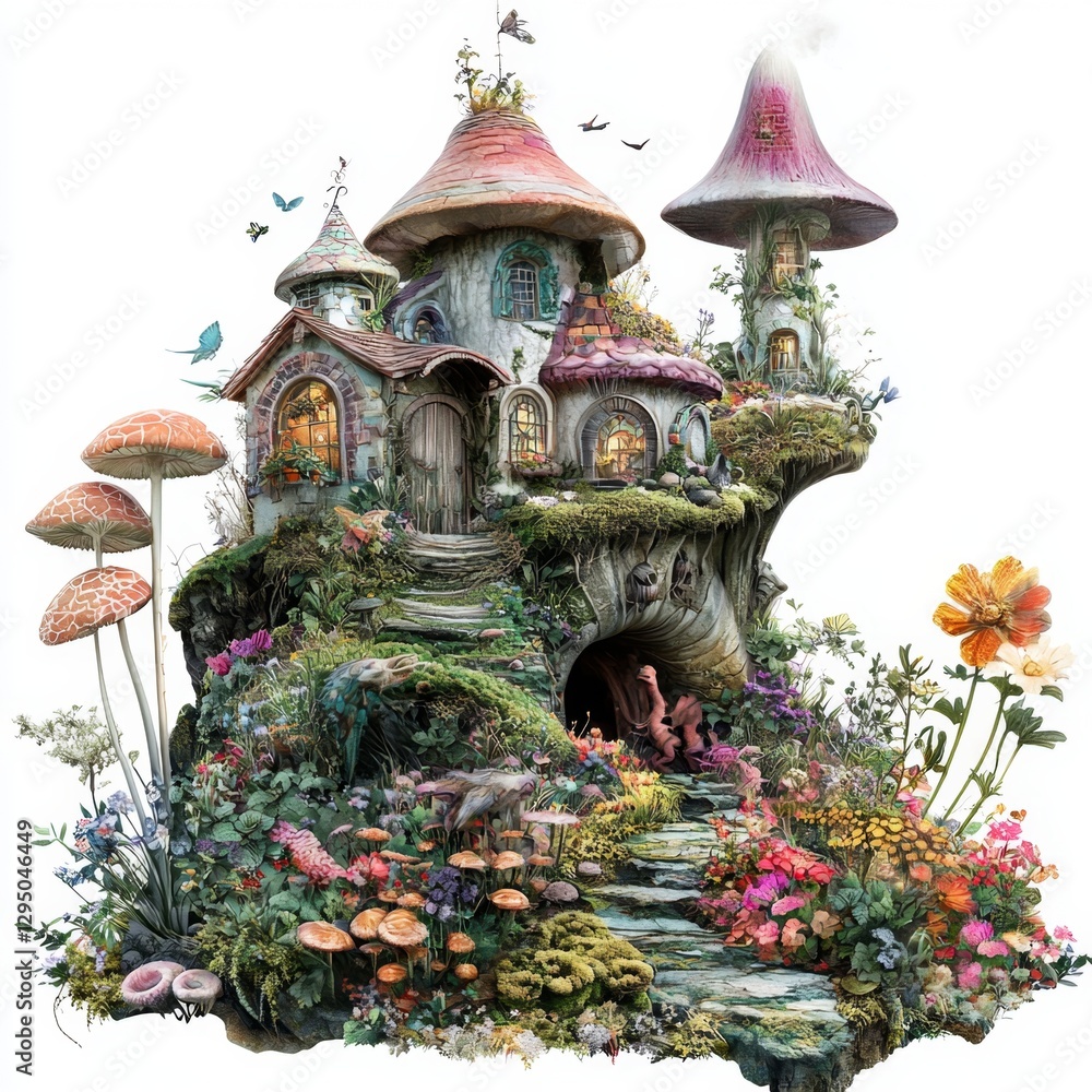 Obraz premium Enchanted whimsical mushroom house surrounded by colorful flora and magical woodland creatures in a picturesque landscape