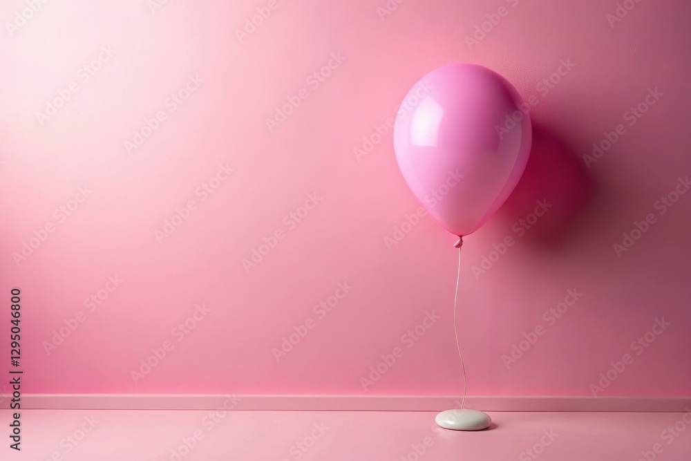 A Pink Balloon Tethered to the Floor Against a Pale Pink Wall A Pink Balloon Tethered to the Floor Against a Pale Pink Wall