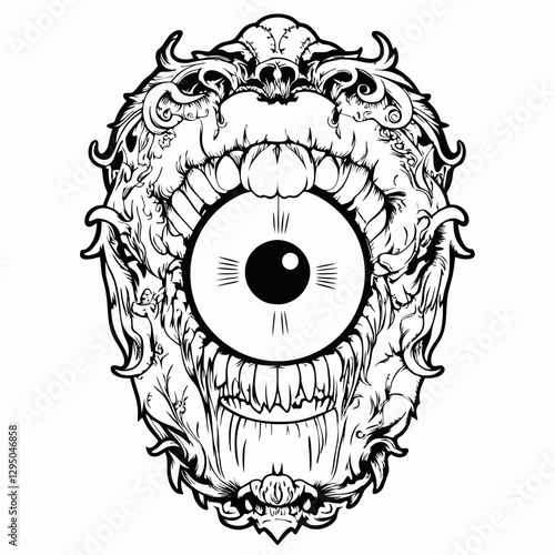 Surreal Monster Face with a Single Eye, Sharp Fangs, and Floral Elements in Black and White – Gothic Horror Illustration