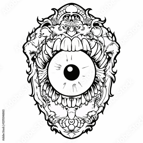 Surreal Monster Face with a Single Eye, Sharp Fangs, and Floral Elements in Black and White – Gothic Horror Illustration