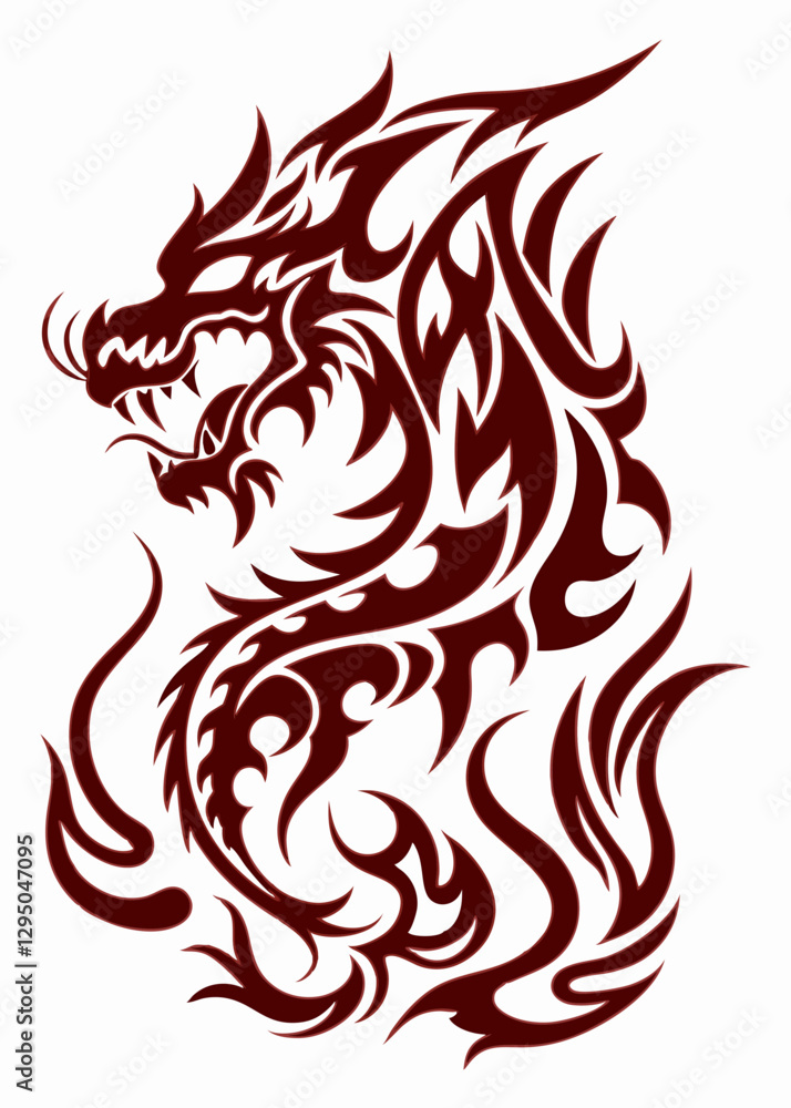 Fototapeta premium Tribal Dragon Illustration with Fiery Flame-Like Patterns in Bold Red – Mythical and Fierce Tattoo Design