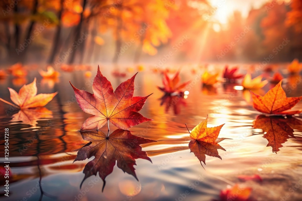 Autumnal foliage floats serenely on a still body of water, reflecting the warm glow of the setting sun, creating a picturesque scene of fall's beauty. Autumnal foliage floats serenely on a still body of water, reflecting the warm glow of the setting sun, creating a picturesque scene of fall's beauty.