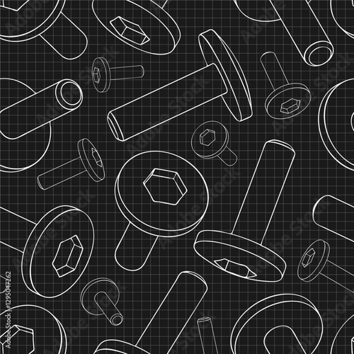 Mechanical engineering drawings on black background. Cutter, assembly tool with replaceable multi-faceted plate. Technical Design. Cover. Blueprint. Vector illustration. Seamless pattern.