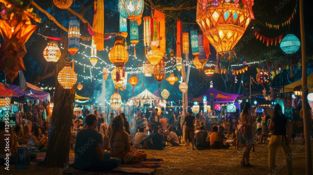 Obraz premium Vibrant night festival scene with colorful lanterns, people enjoying festivities, and a lively atmosphere