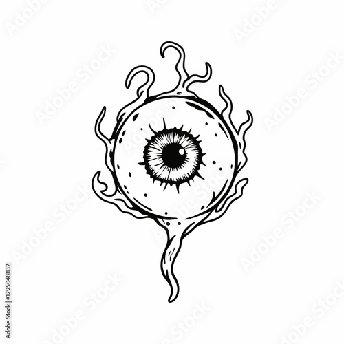 Creepy Floating Eyeball with Veins and Tentacle-Like Roots in Black and White – Gothic Horror Illustration