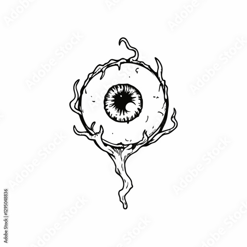 Creepy Floating Eyeball with Veins and Tentacle-Like Roots in Black and White – Gothic Horror Illustration