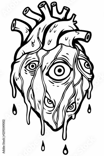 Surreal Melting Anatomical Heart with Multiple Eyes and Dripping Ink in Black and White – Gothic Horror Illustration