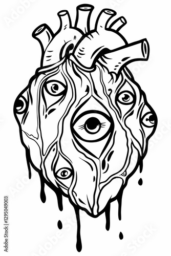 Surreal Melting Anatomical Heart with Multiple Eyes and Dripping Ink in Black and White – Gothic Horror Illustration