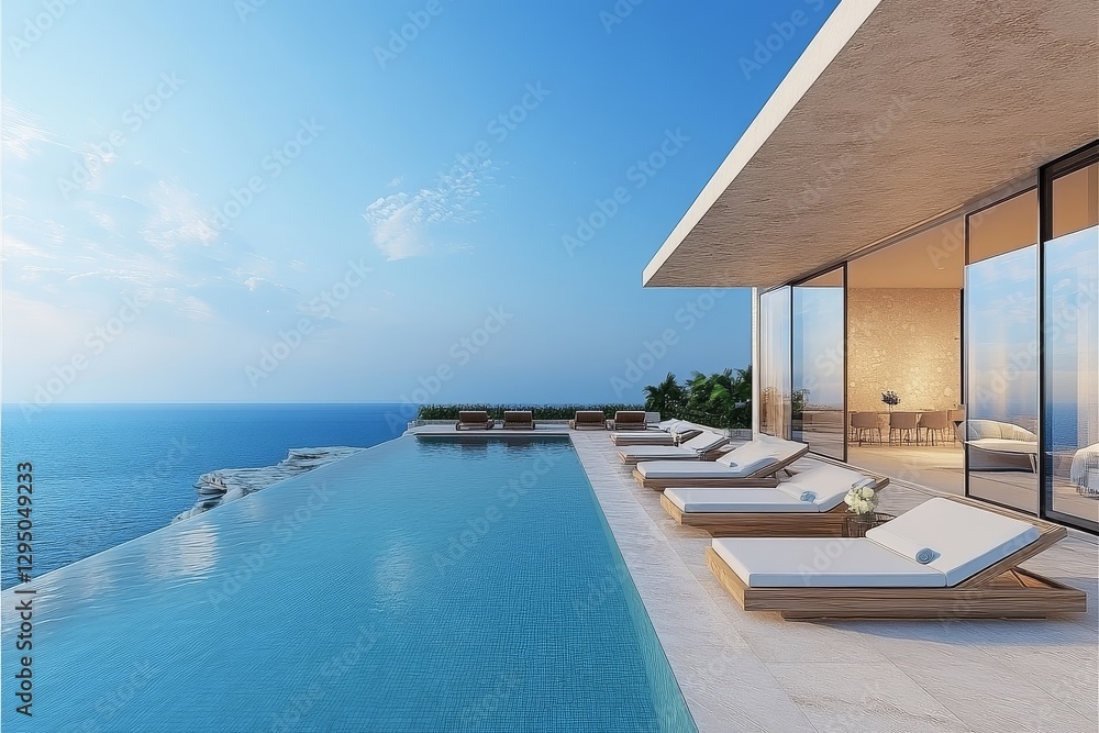 Minimalist Rooftop with Sun Loungers and Infinity Pool Overlooking Ocean under Daylight Minimalist Rooftop with Sun Loungers and Infinity Pool Overlooking Ocean under Daylight