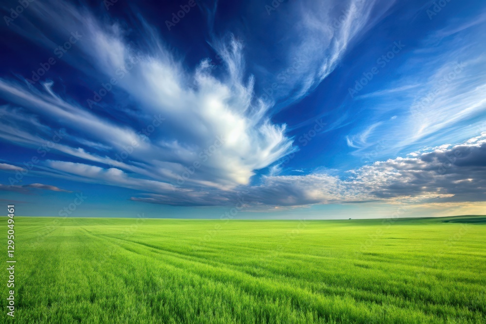 Serene vista of a verdant field extending to the horizon beneath a breathtaking canvas of dynamic clouds and a vibrant blue sky.